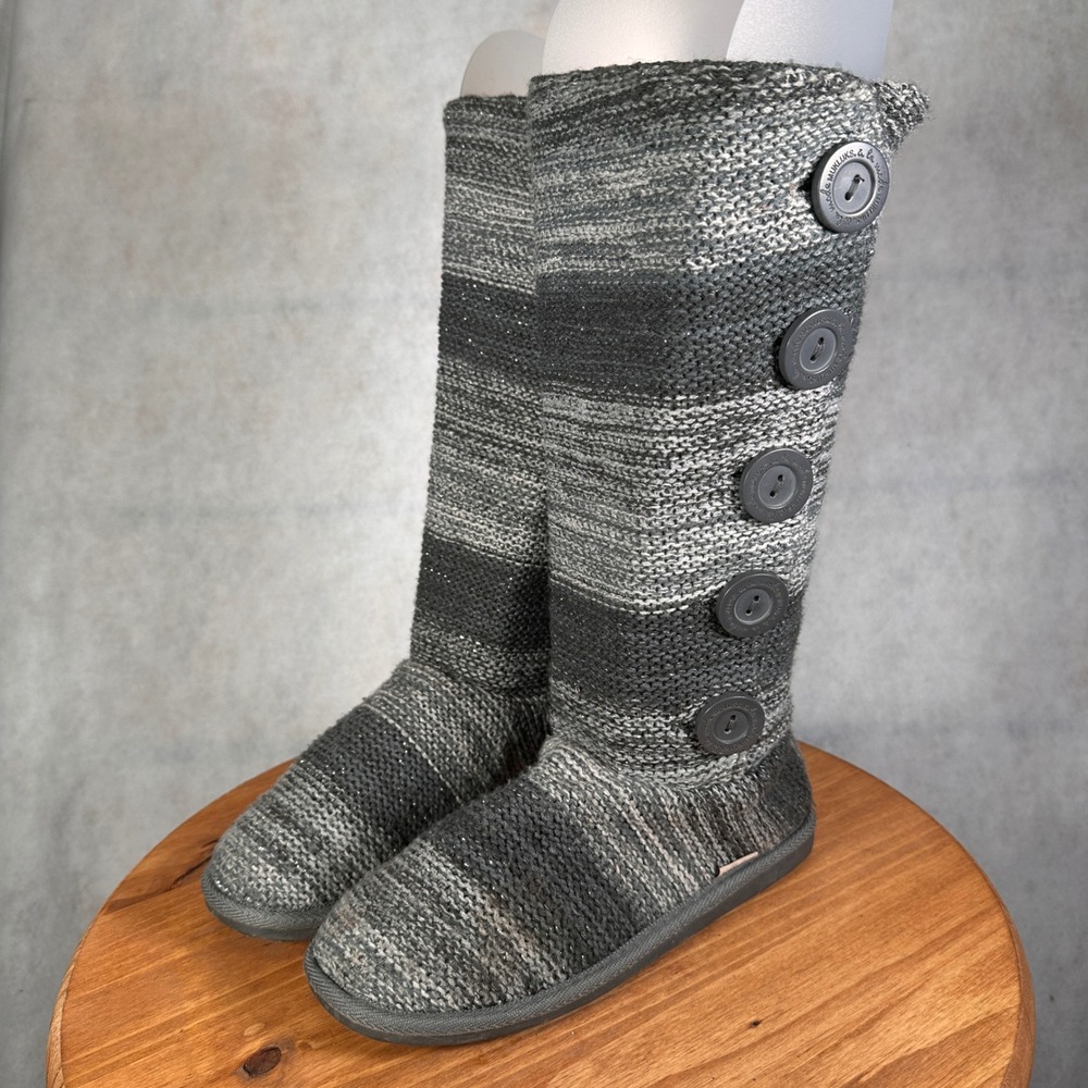 Muk Luks Sweater Boots Women 8 Grey Good Knit Button Ombre Striped Tall